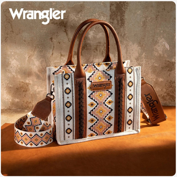 NWT! Wrangler Southwestern Small Canvas Tote/Crossbody in Coffee - Picture 3 of 13